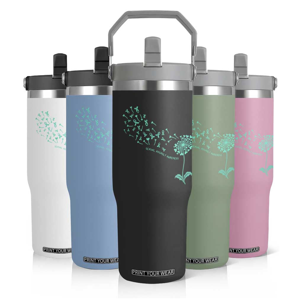 Sexual Assault Awareness Flip Straw Tumbler Teal Dandelion Ribbons TS14 Print Your Wear
