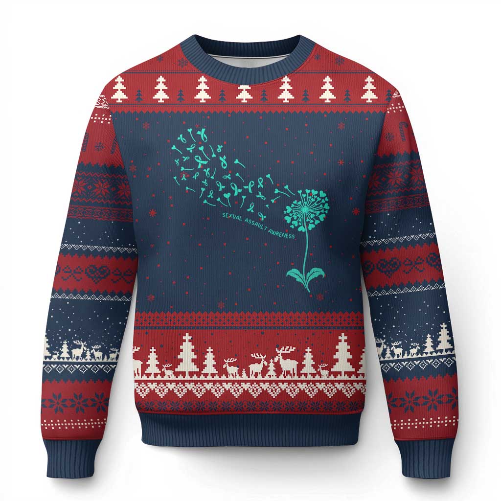 Sexual Assault Awareness Ugly Christmas Sweater Teal Dandelion Ribbons TS14 Navy Red Print Your Wear