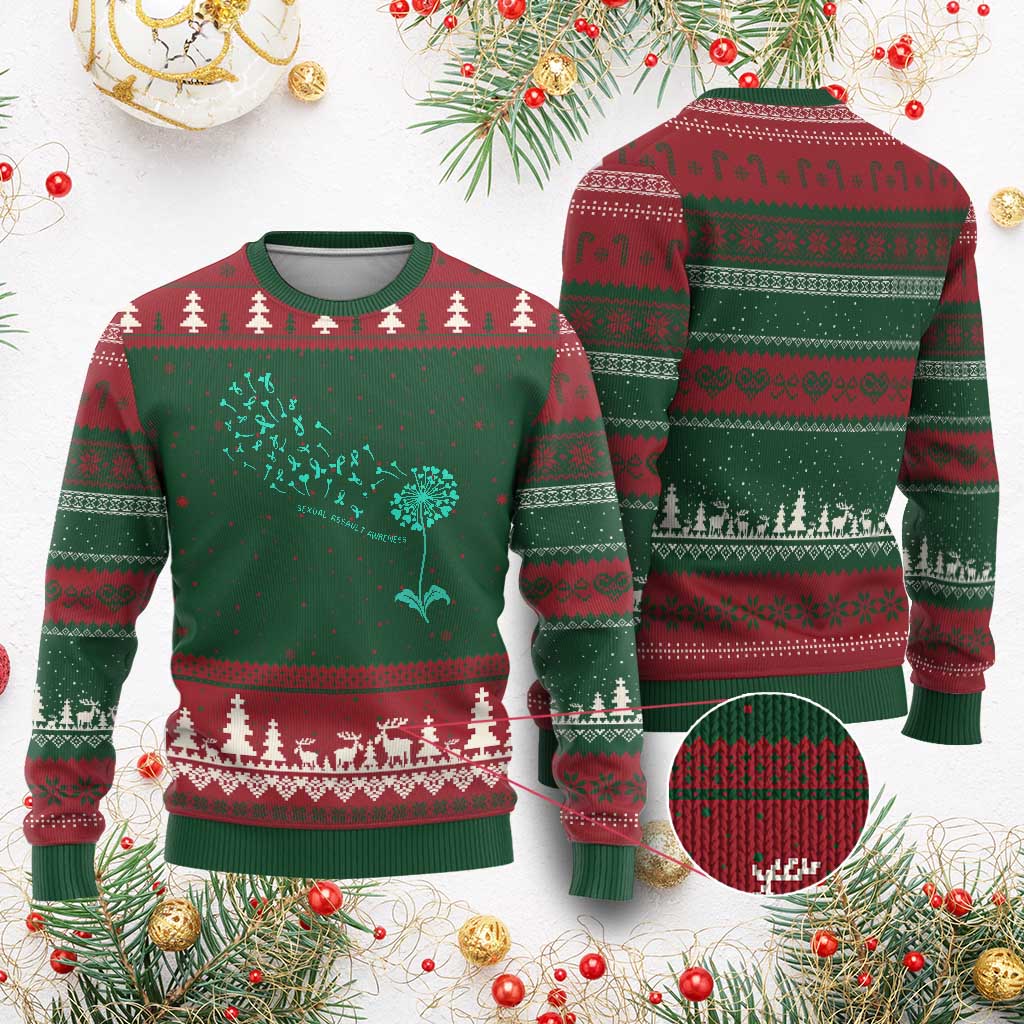 Sexual Assault Awareness Ugly Christmas Sweater Teal Dandelion Ribbons TS14 Red Green Print Your Wear