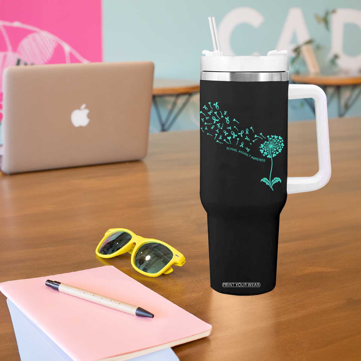 Sexual Assault Awareness Tumbler With Handle Teal Dandelion Ribbons TS14 Print Your Wear