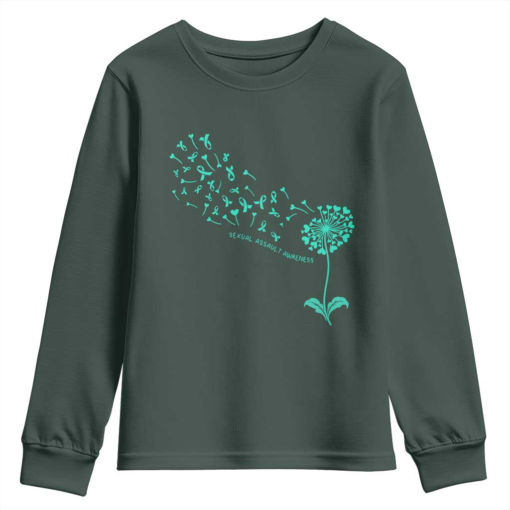 Sexual Assault Awareness Youth Sweatshirt Teal Dandelion Ribbons TS14 Dark Forest Green Print Your Wear