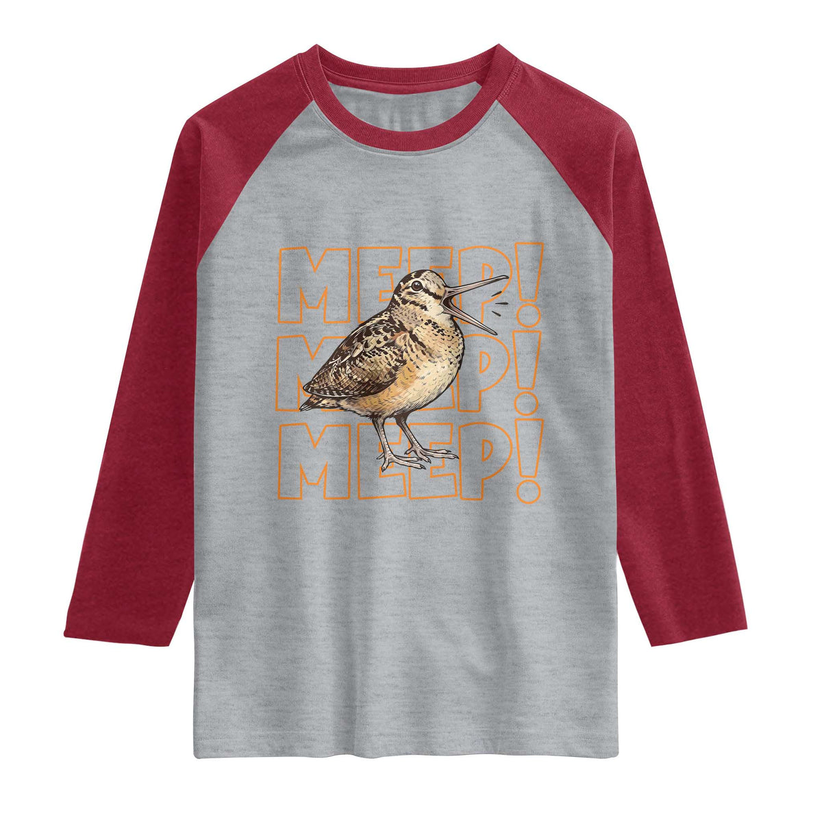 Woodcock Meep Raglan Shirt Funny Nature Lover TS14 Heather Gray Heather Red Print Your Wear