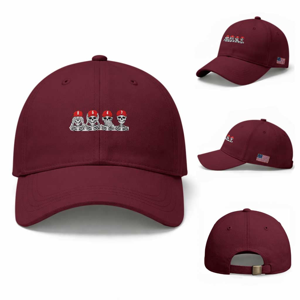 86 47 Subtle Anti FDT Baseball Cap Funny Skeleton Wearing Hat Sarcastic Political TS14 Baseball Cap Universal Fit Maroon Print Your Wear