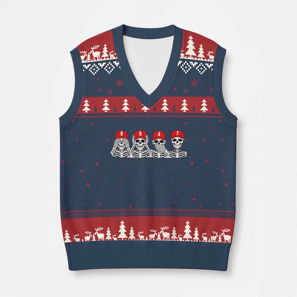 86 47 Subtle Anti FDT V-Neck Knit Sweater Vest Funny Skeleton Wearing Hat Sarcastic Political TS14 Navy Red Print Your Wear