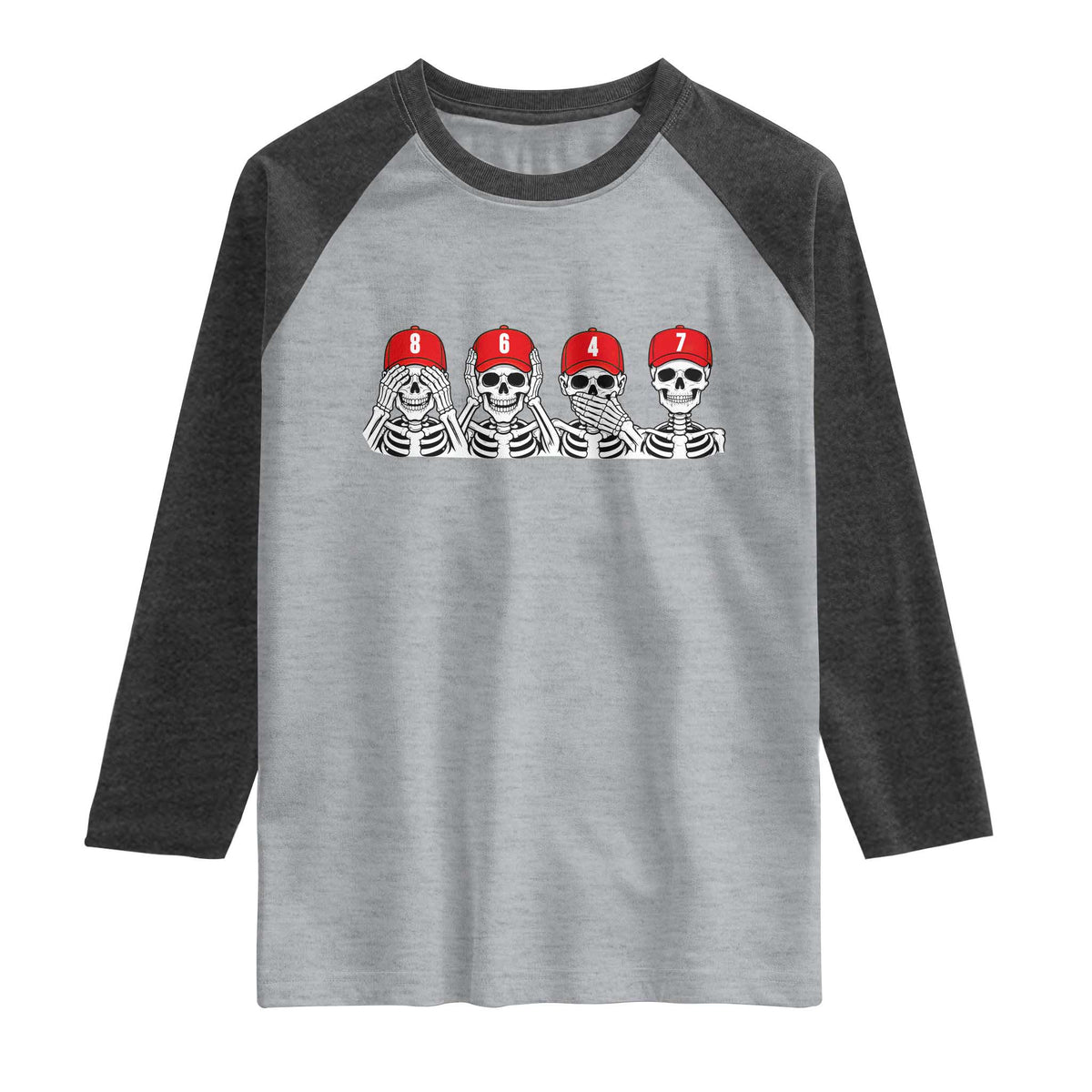 86 47 Subtle Anti FDT Raglan Shirt Funny Skeleton Wearing Hat Sarcastic Political TS14 Heather Gray Heather Charcoal Print Your Wear