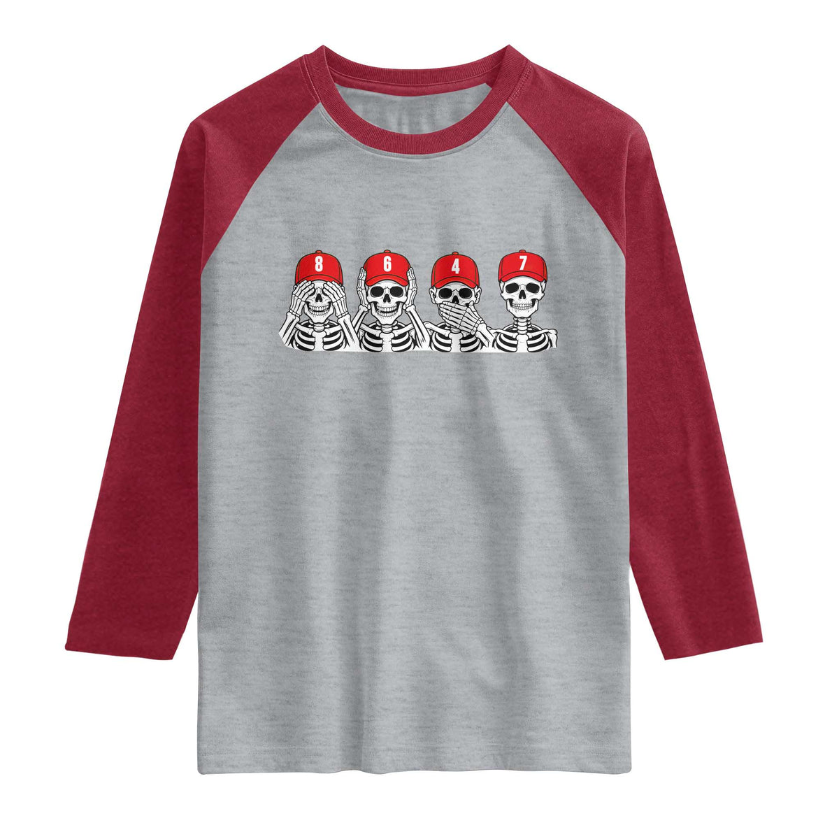 86 47 Subtle Anti FDT Raglan Shirt Funny Skeleton Wearing Hat Sarcastic Political TS14 Heather Gray Heather Red Print Your Wear