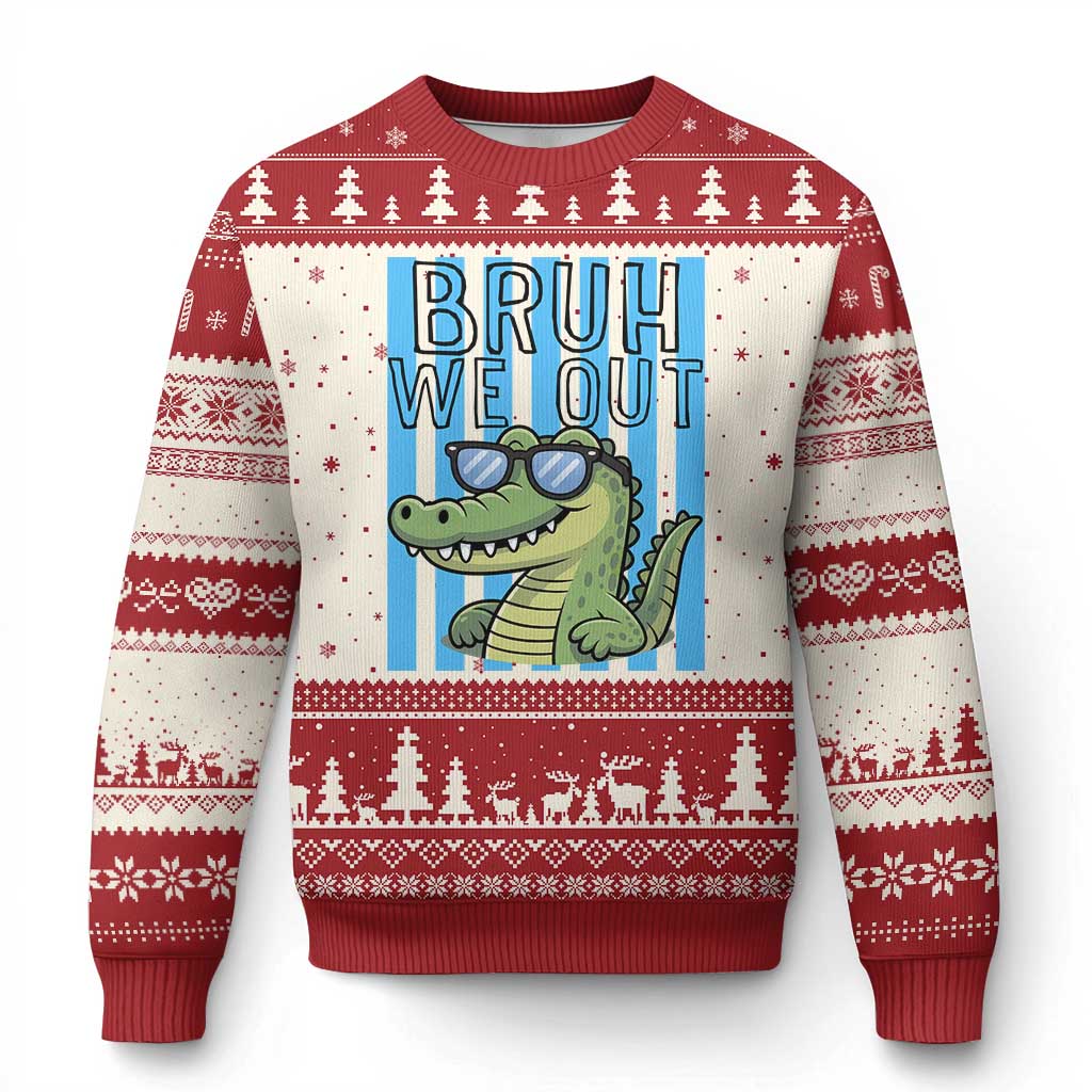 Bruh We Out Alligator Ugly Christmas Sweater Last Day of School Teacher TS14 Beige Red Print Your Wear
