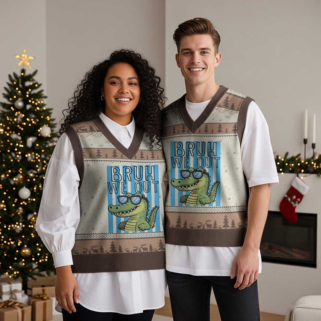 Bruh We Out Alligator V-Neck Knit Sweater Vest Last Day of School Teacher TS14 Mocha Mousse Print Your Wear