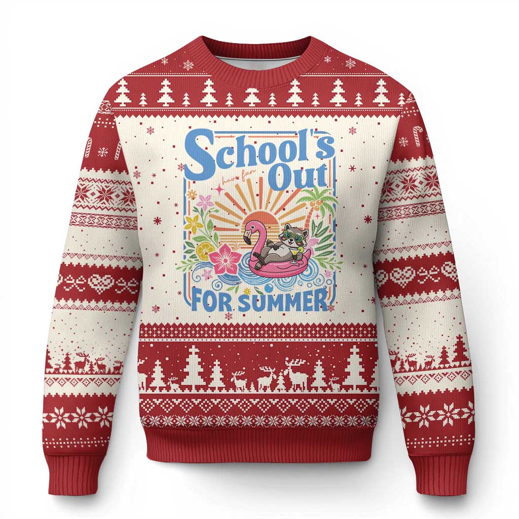 School's Out For Summer Ugly Christmas Sweater Funny Raccoon Last Day of School Teacher TS14 Beige Red Print Your Wear