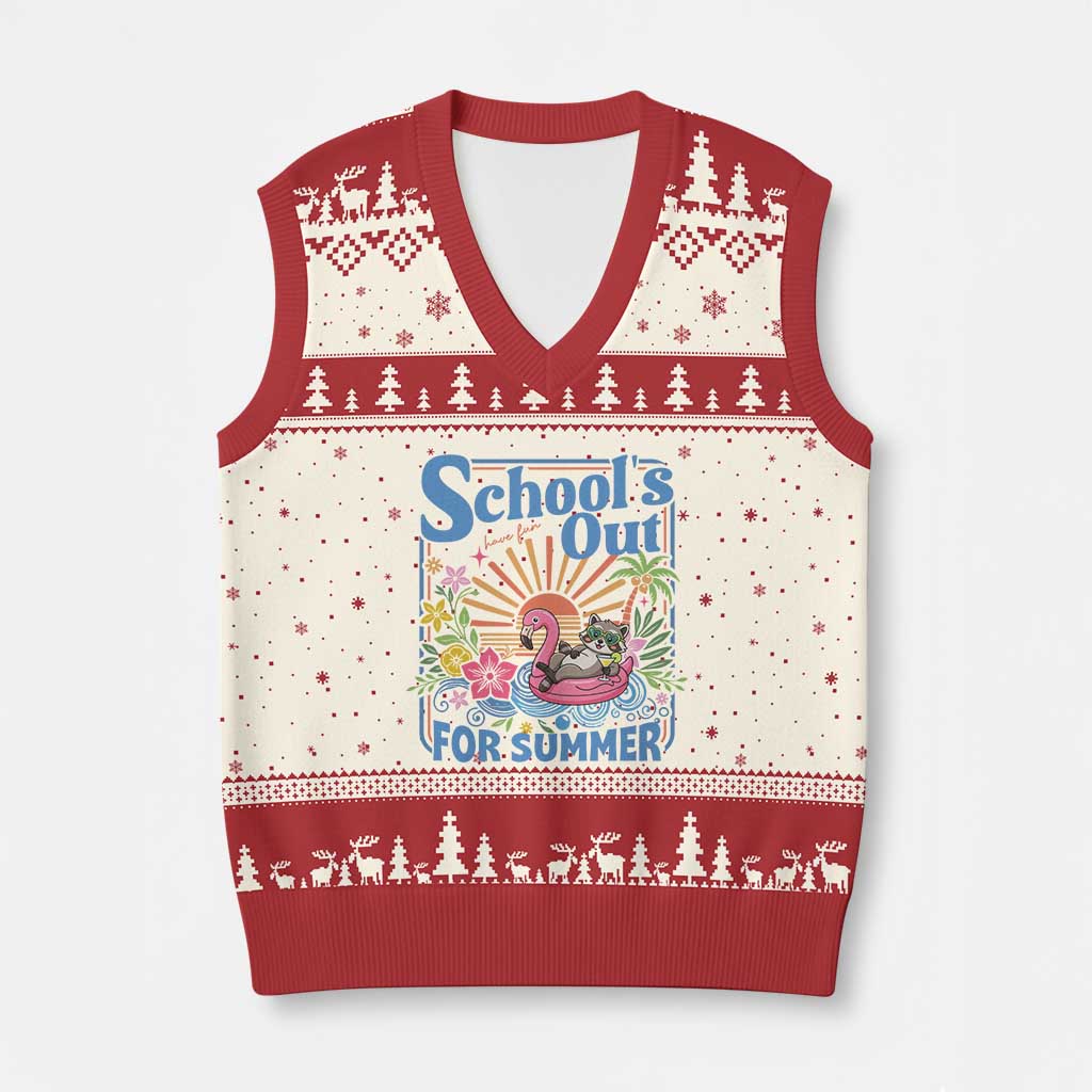 School's Out For Summer V-Neck Knit Sweater Vest Funny Raccoon Last Day of School Teacher TS14 Beige Red Print Your Wear