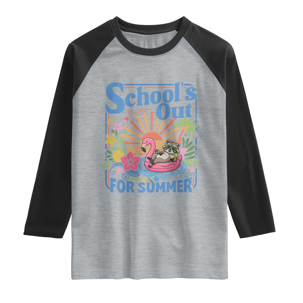 School's Out For Summer Raglan Shirt Funny Raccoon Last Day of School Teacher TS14 Heather Gray Black Print Your Wear