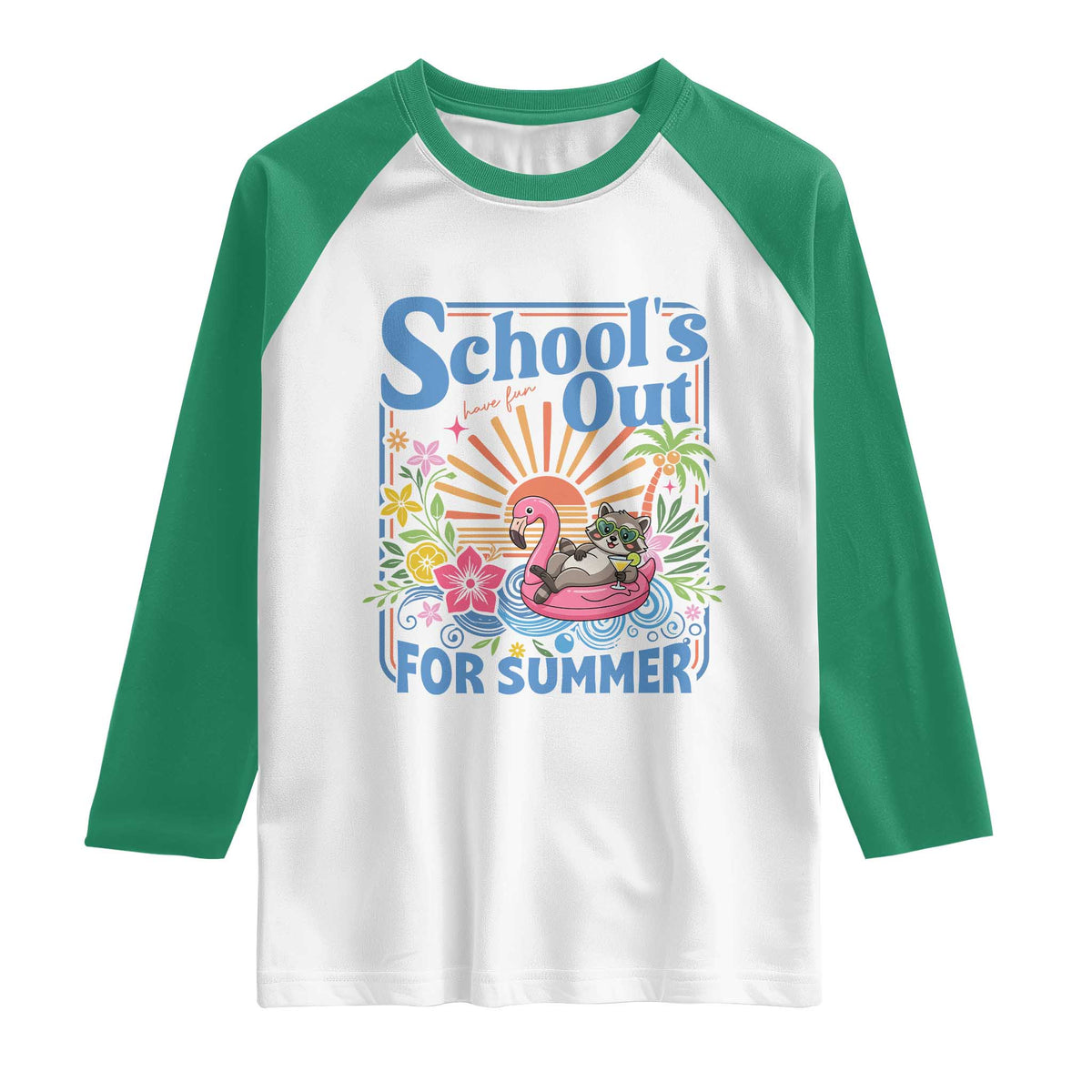School's Out For Summer Raglan Shirt Funny Raccoon Last Day of School Teacher TS14 White Kelly Green Print Your Wear