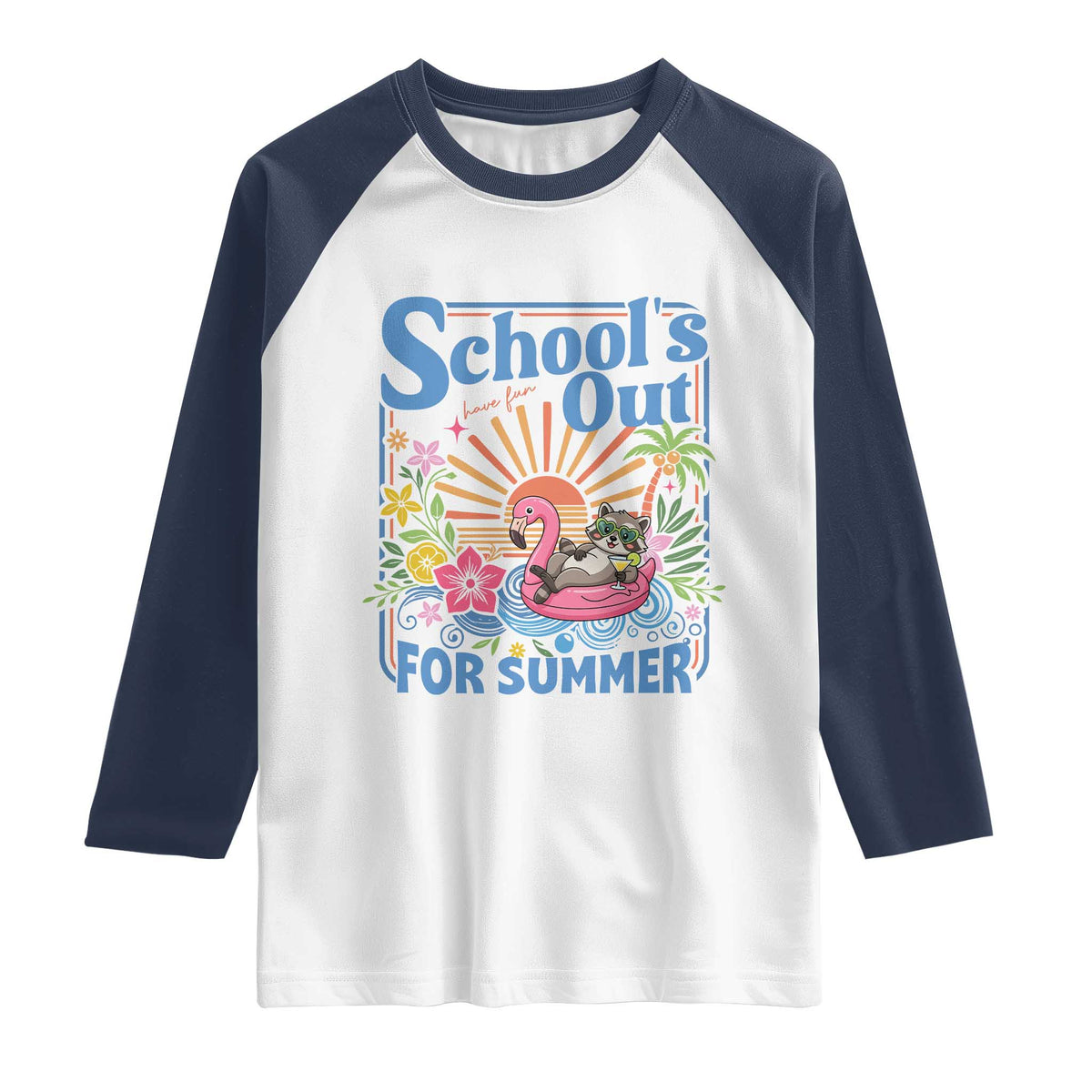School's Out For Summer Raglan Shirt Funny Raccoon Last Day of School Teacher TS14 White Navy Print Your Wear