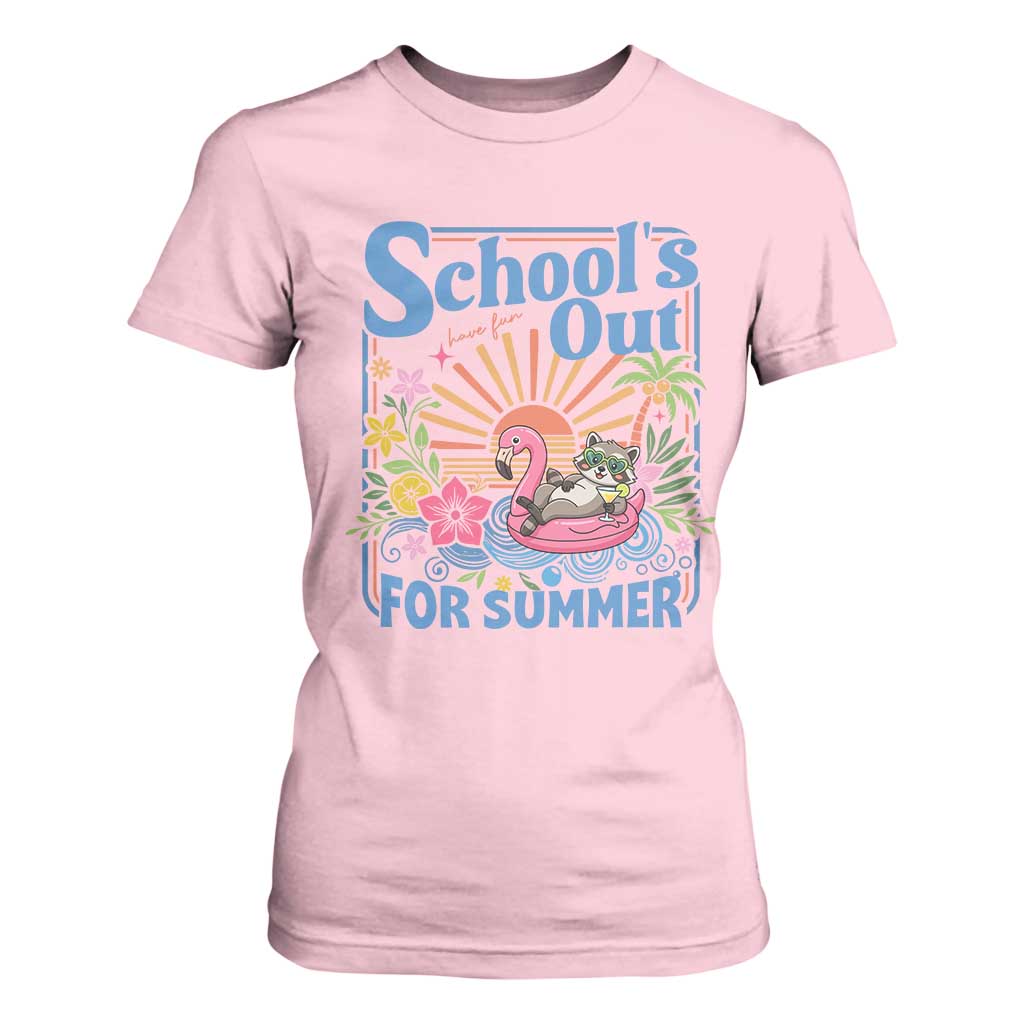 School's Out For Summer T Shirt For Women Funny Raccoon Last Day of School Teacher TS14 Light Pink Print Your Wear