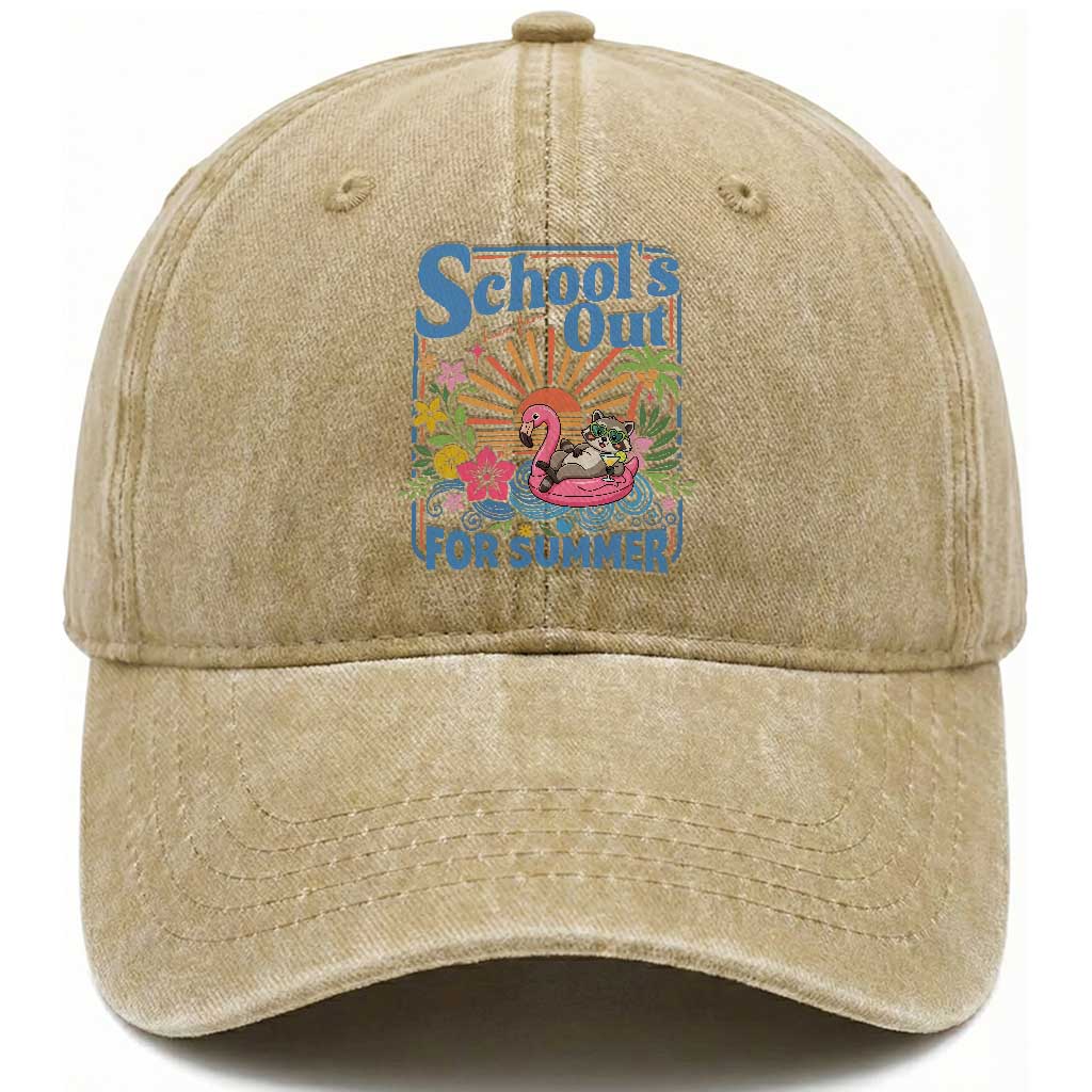 School's Out For Summer Washed Cotton Baseball Cap Funny Raccoon Last Day of School Teacher TS14 Print Your Wear