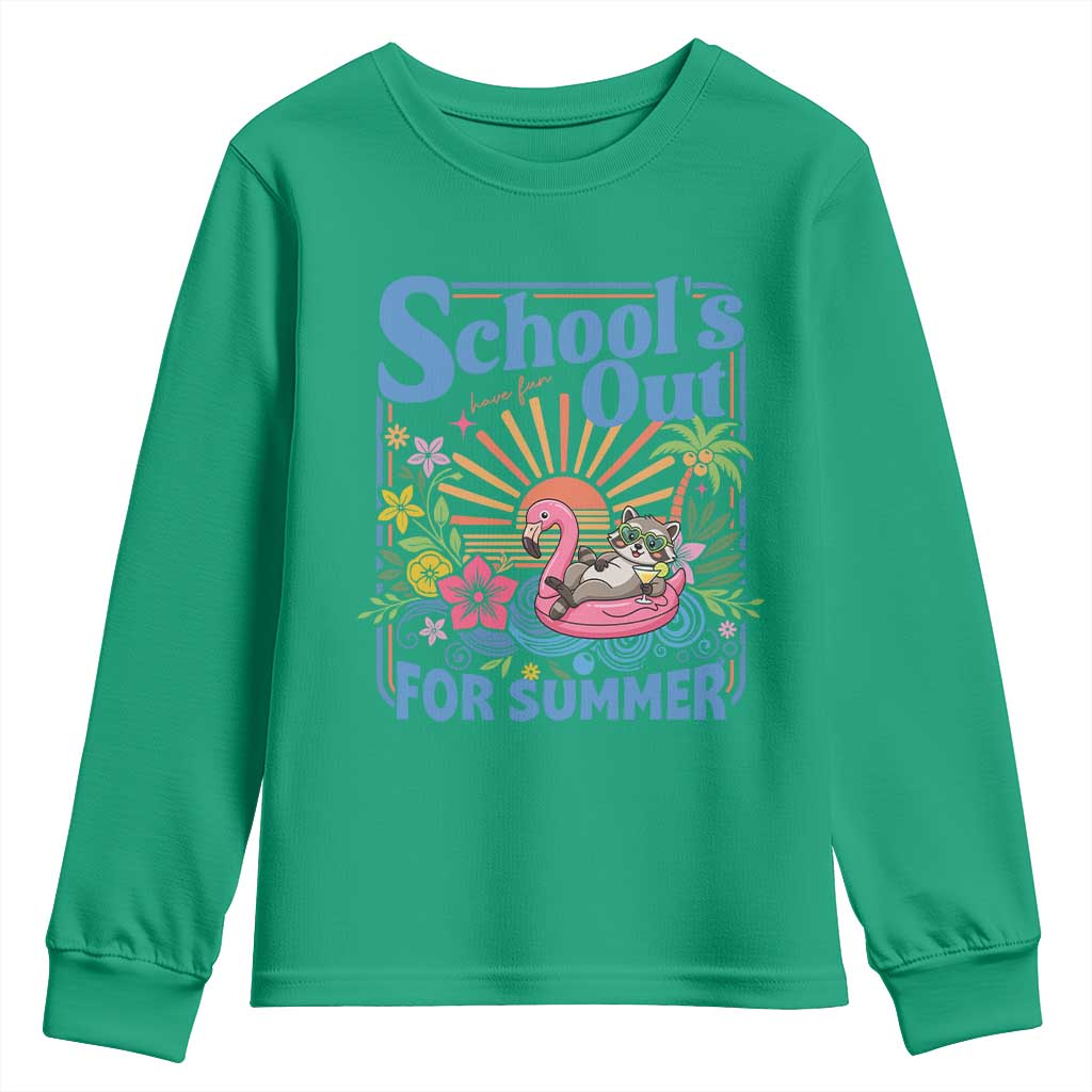 School's Out For Summer Youth Sweatshirt Funny Raccoon Last Day of School Teacher TS14 Irish Green Print Your Wear