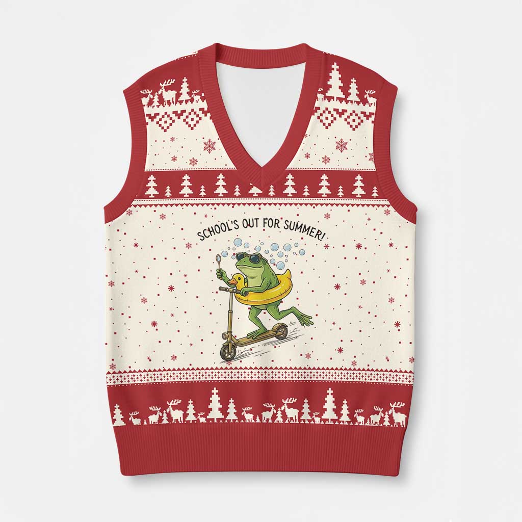School's Out For Summer V-Neck Knit Sweater Vest Funny Frog Last Day of School Teacher TS14 Beige Red Print Your Wear