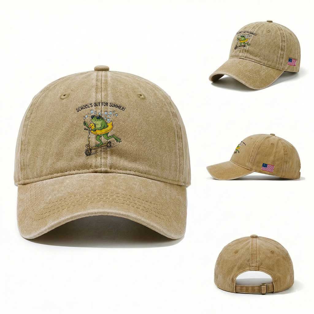 School's Out For Summer Washed Cotton Baseball Cap Funny Frog Last Day of School Teacher