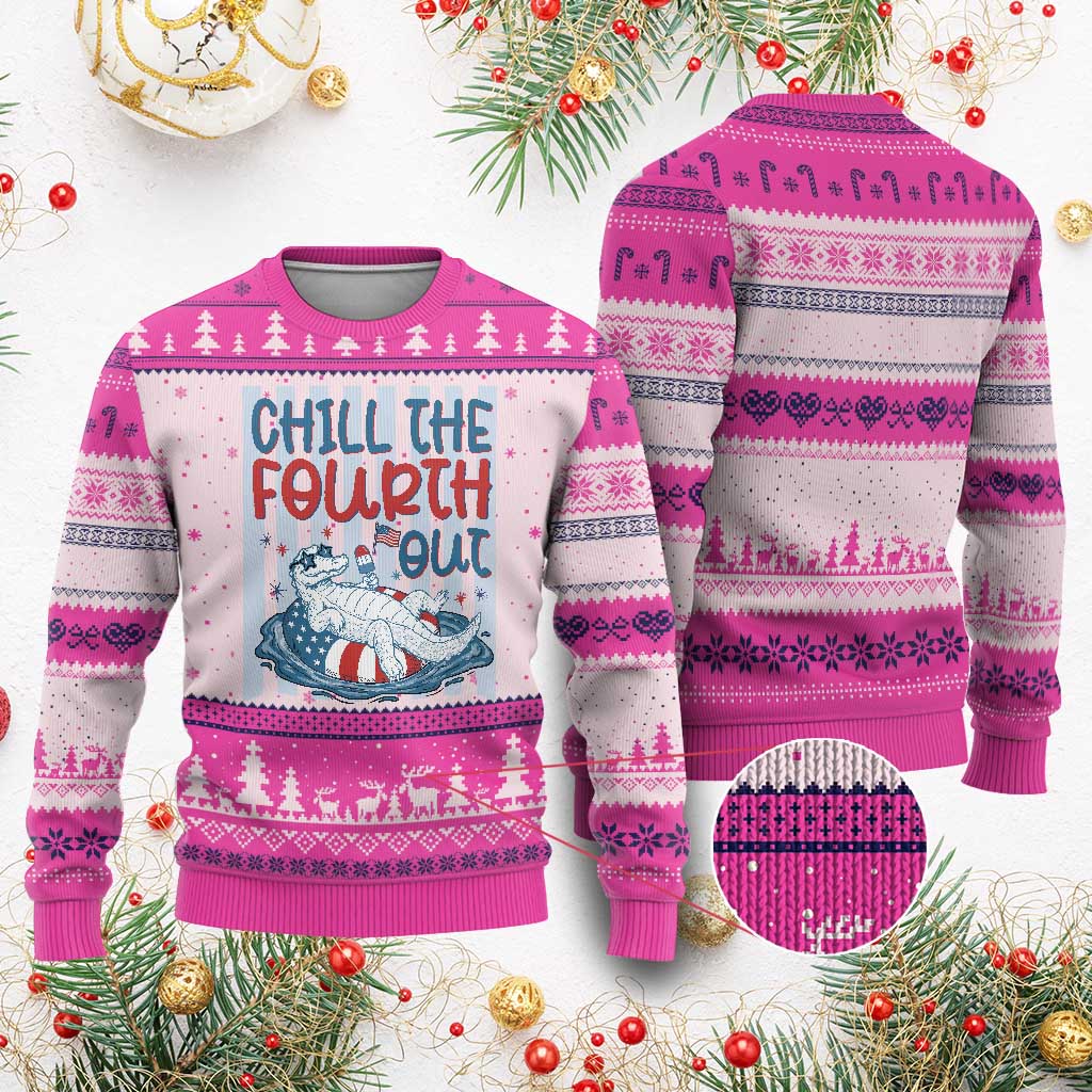 Chill The Fourth Out Ugly Christmas Sweater Funny Alligator 4th Of July TS14 Hot Pink Print Your Wear