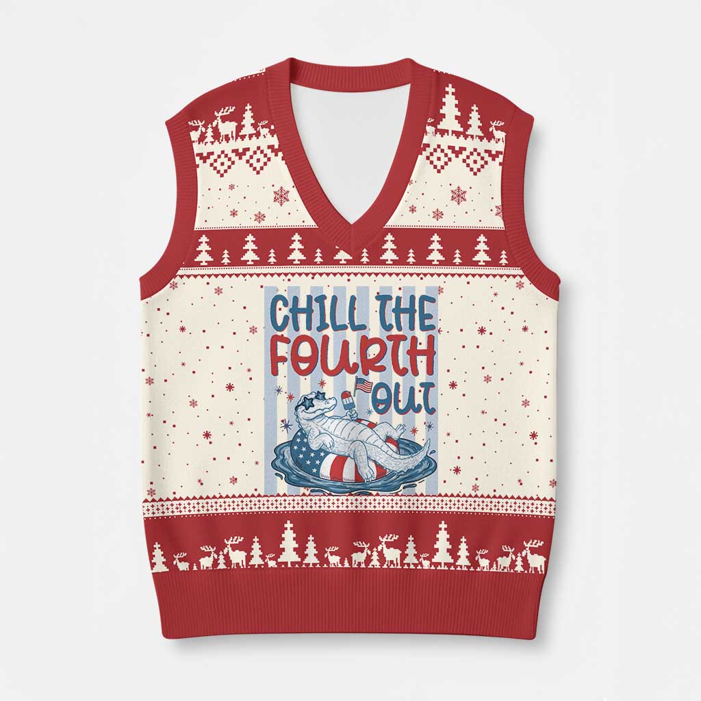 Chill The Fourth Out V-Neck Knit Sweater Vest Funny Alligator 4th Of July TS14 Beige Red Print Your Wear
