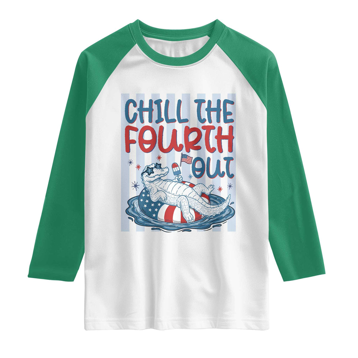 Chill The Fourth Out Raglan Shirt Funny Alligator 4th Of July TS14 White Kelly Green Print Your Wear