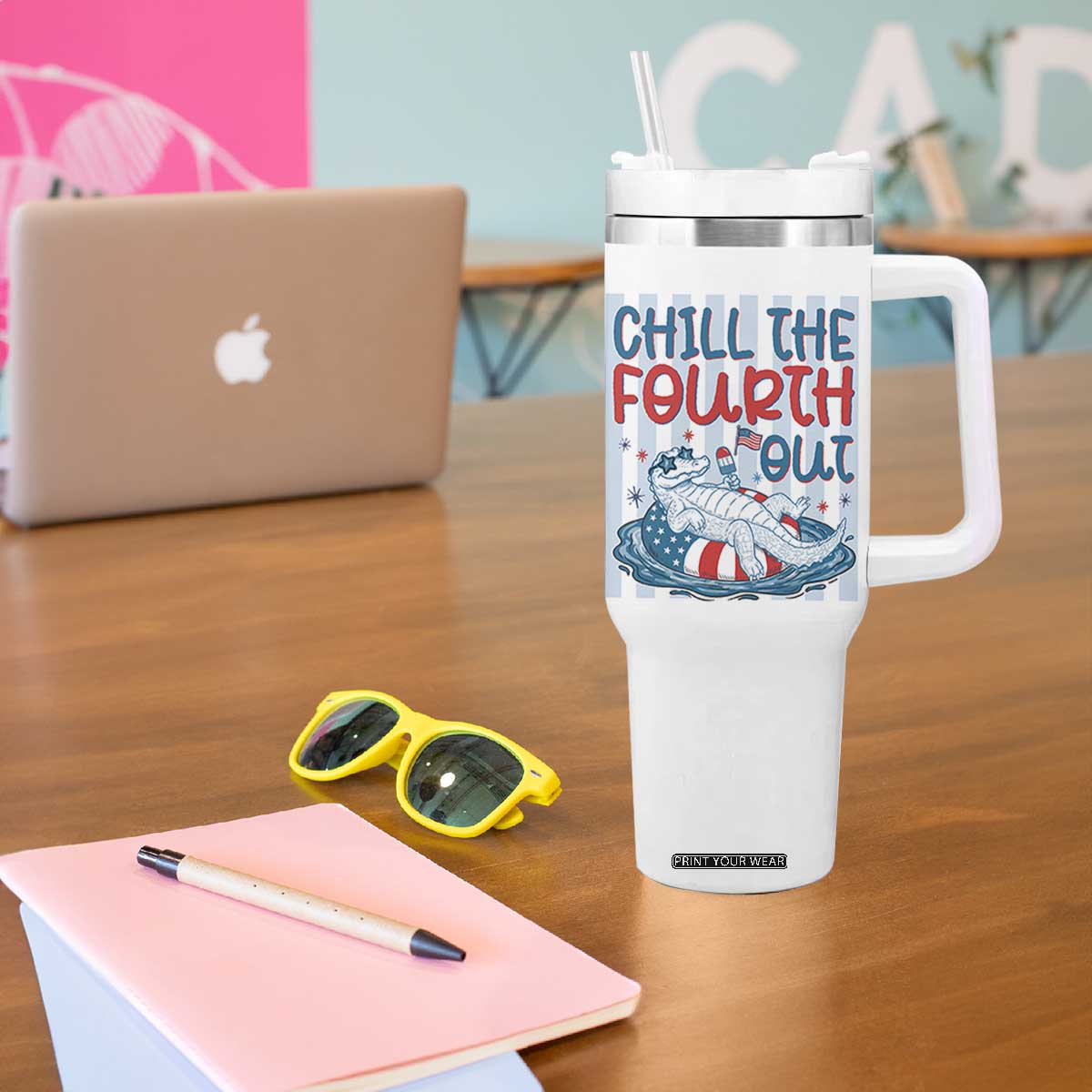 Chill The Fourth Out Tumbler With Handle Funny Alligator 4th Of July TS14 Print Your Wear