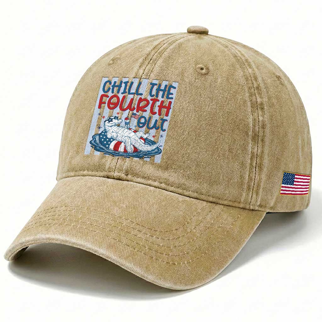 Chill The Fourth Out Washed Cotton Baseball Cap Funny Alligator 4th Of July TS14 Print Your Wear