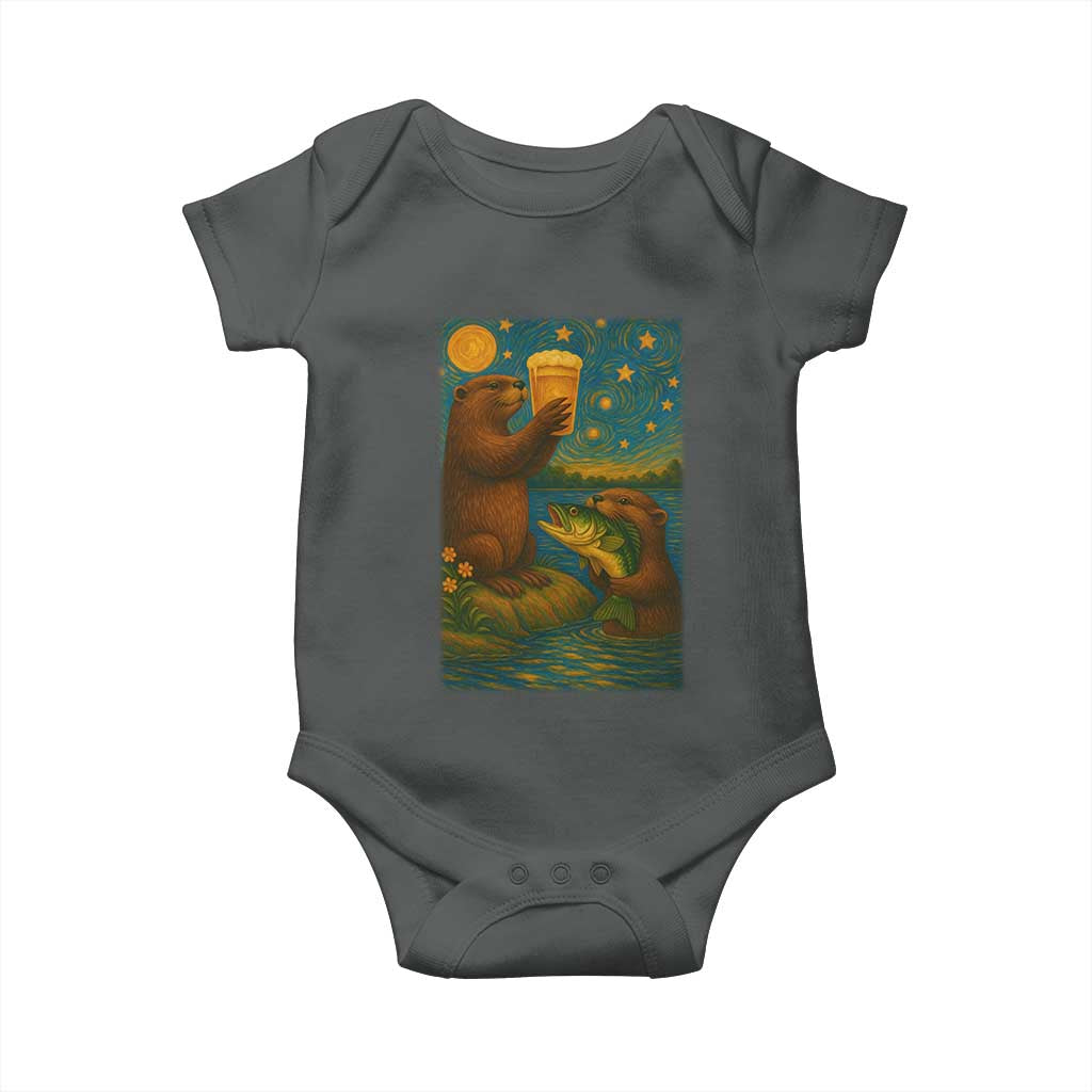 Funny Otter Drinking Beer Baby Onesie Van Gogh Starry Night TS14 Dark Heather Print Your Wear