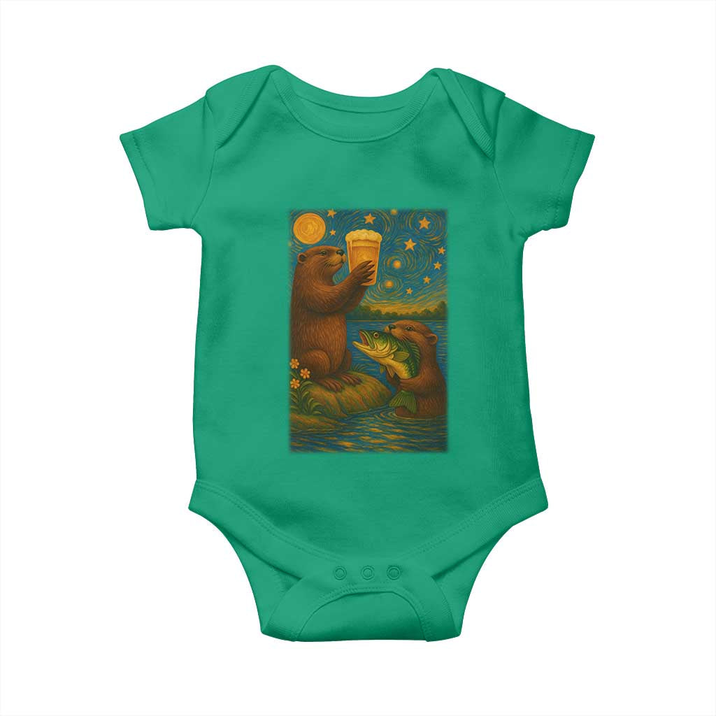 Funny Otter Drinking Beer Baby Onesie Van Gogh Starry Night TS14 Irish Green Print Your Wear