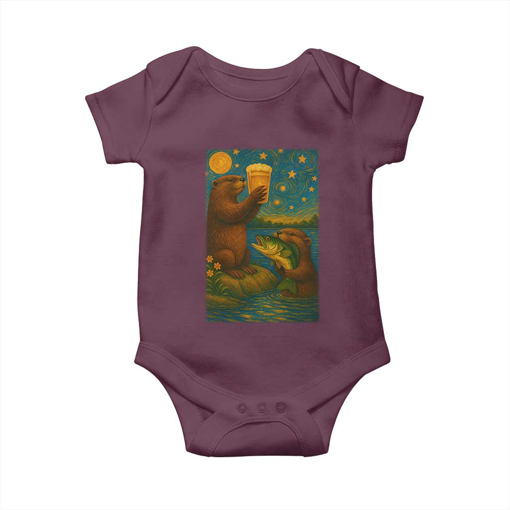 Funny Otter Drinking Beer Baby Onesie Van Gogh Starry Night TS14 Maroon Print Your Wear