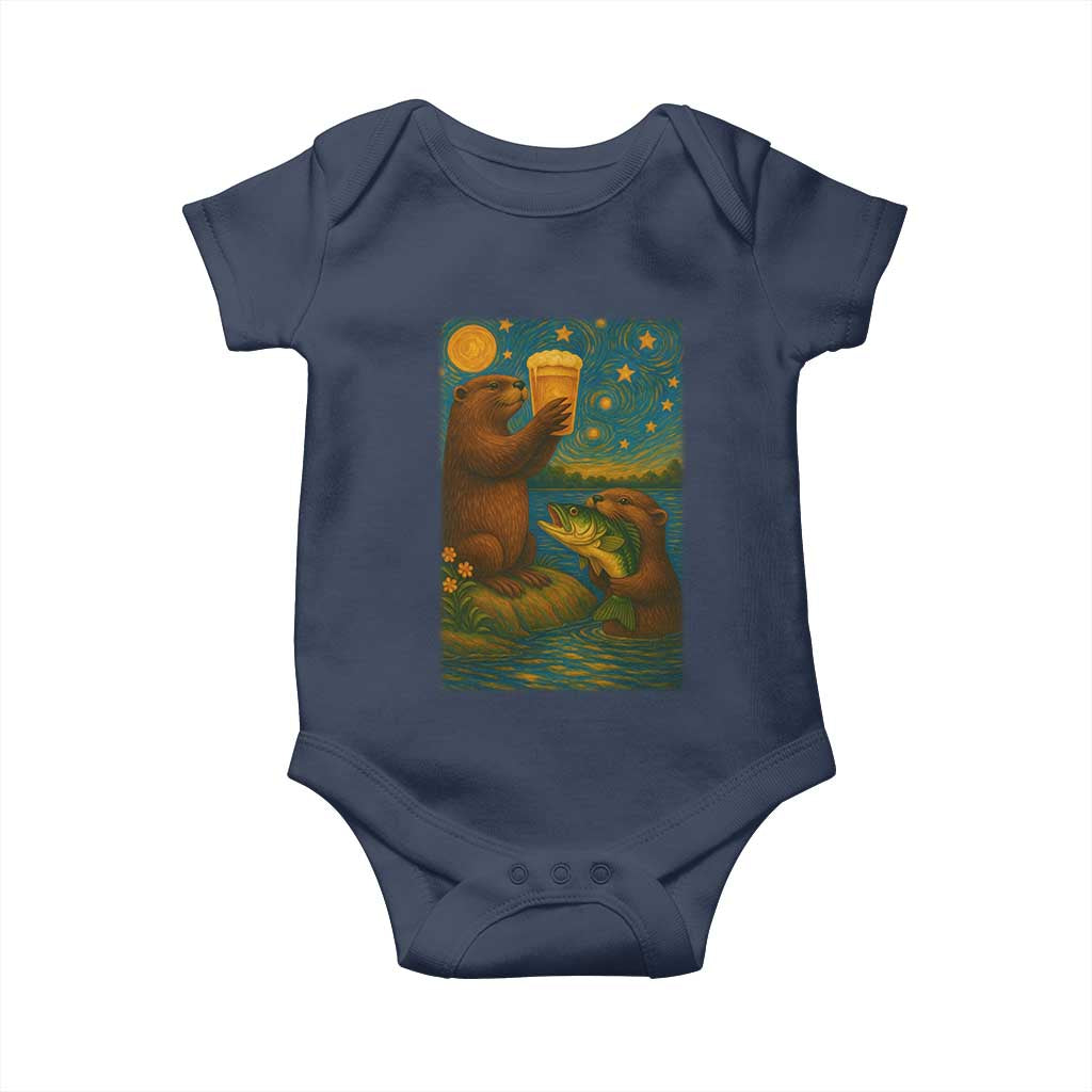 Funny Otter Drinking Beer Baby Onesie Van Gogh Starry Night TS14 Navy Print Your Wear