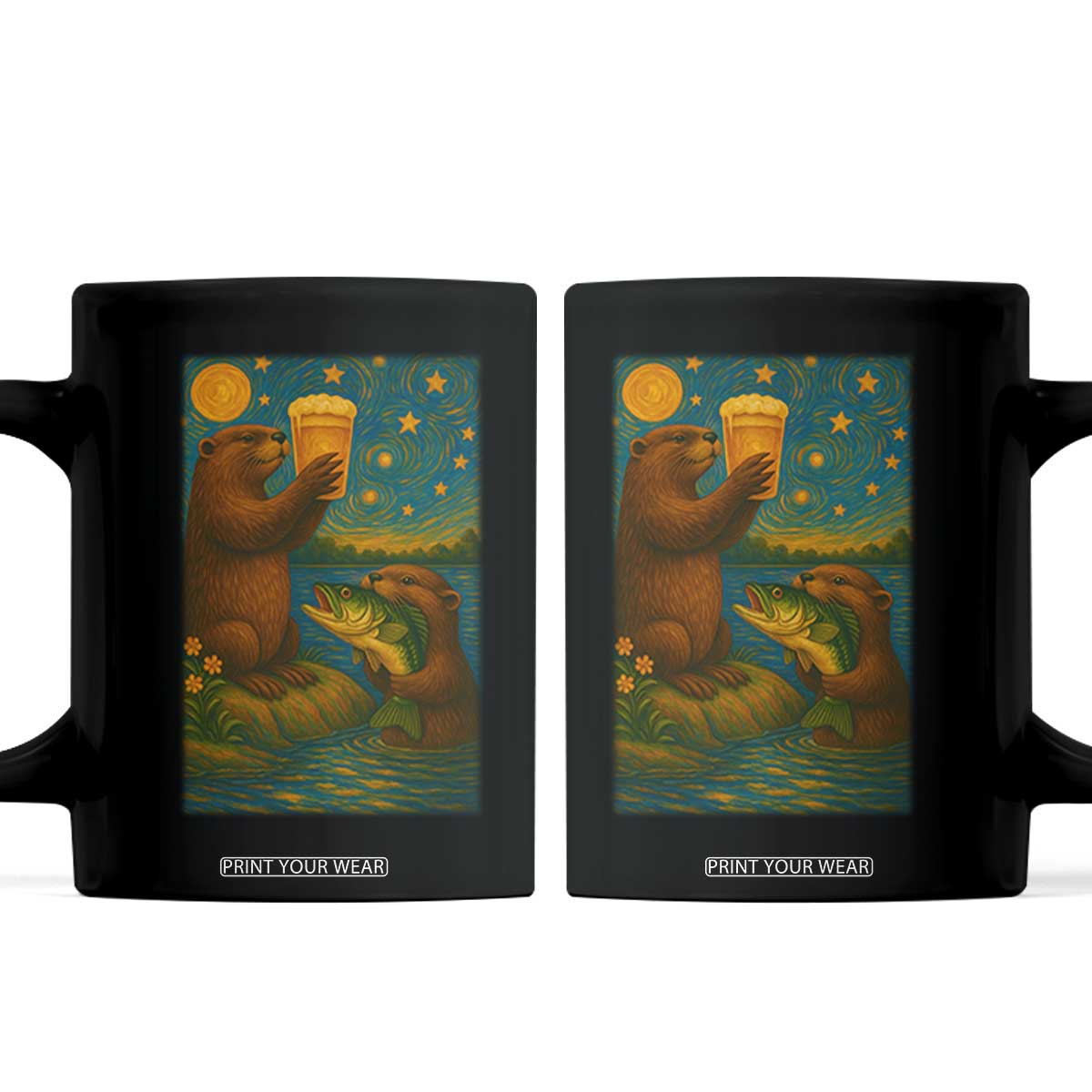 Funny Otter Drinking Beer Coffee Mug Van Gogh Starry Night TS14 Black Print Your Wear
