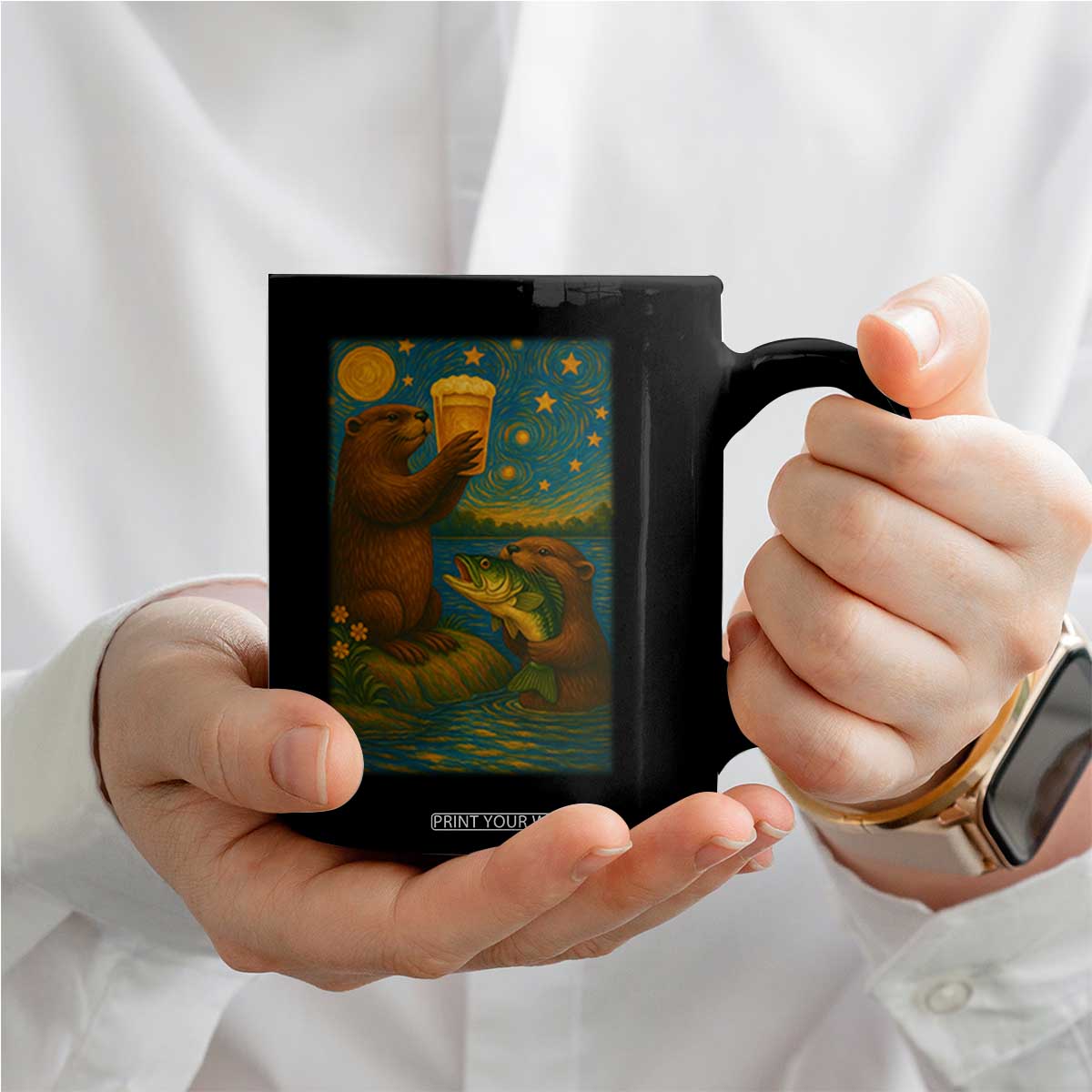 Funny Otter Drinking Beer Coffee Mug Van Gogh Starry Night TS14 Print Your Wear
