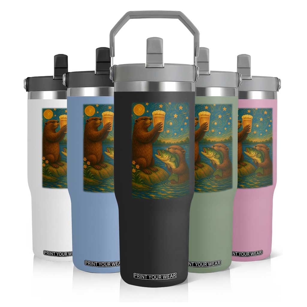 Funny Otter Drinking Beer Flip Straw Tumbler Van Gogh Starry Night TS14 Print Your Wear