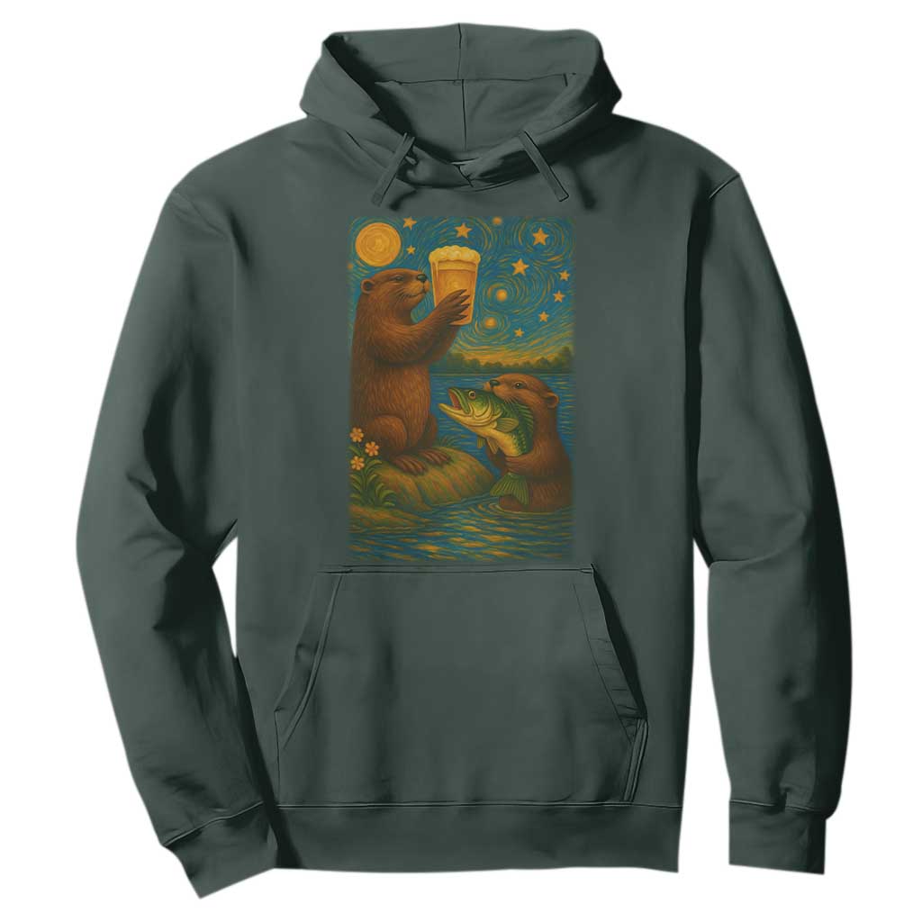 Funny Otter Drinking Beer Hoodie Van Gogh Starry Night TS14 Dark Forest Green Print Your Wear