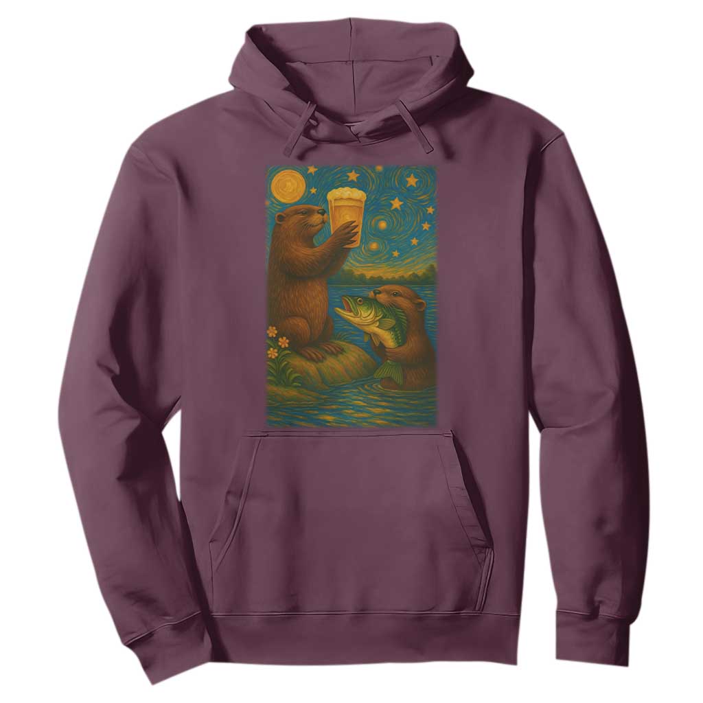 Funny Otter Drinking Beer Hoodie Van Gogh Starry Night TS14 Maroon Print Your Wear