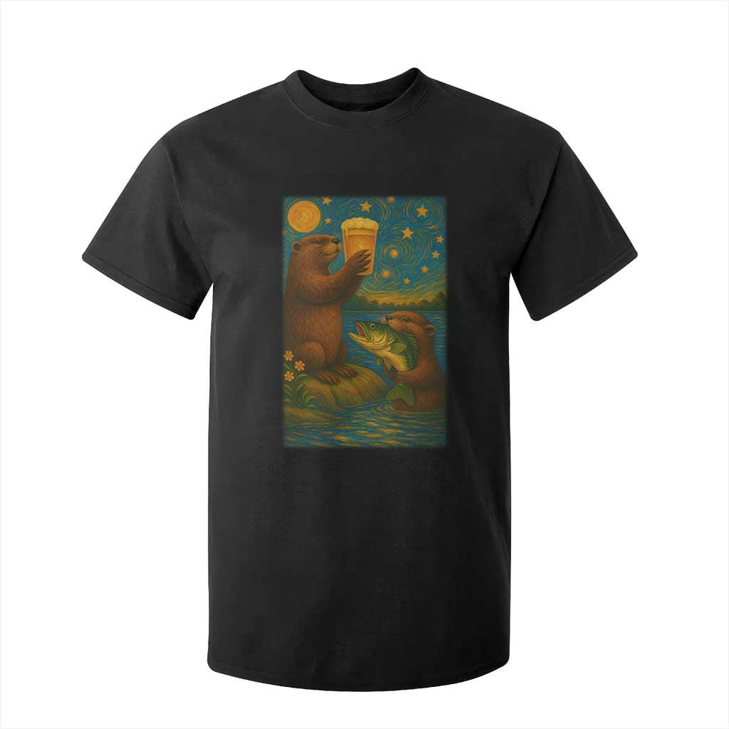 Funny Otter Drinking Beer T Shirt For Kid Van Gogh Starry Night TS14 Black Print Your Wear
