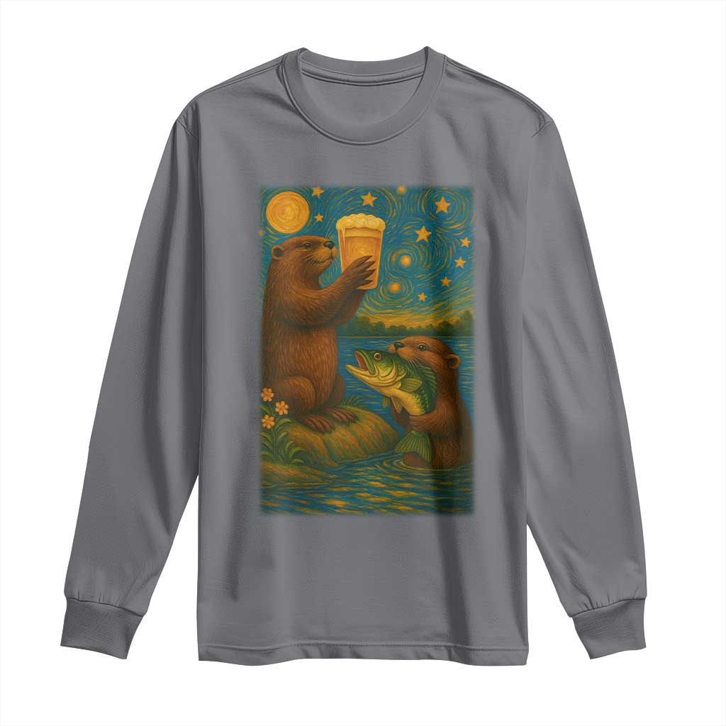 Funny Otter Drinking Beer Long Sleeve Shirt Van Gogh Starry Night TS14 Charcoal Print Your Wear