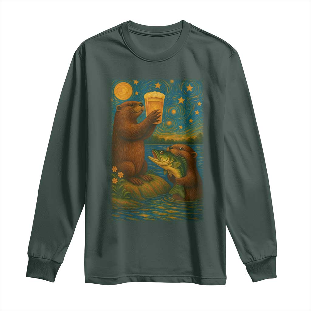 Funny Otter Drinking Beer Long Sleeve Shirt Van Gogh Starry Night TS14 Dark Forest Green Print Your Wear