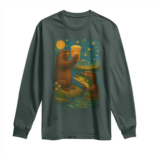 Funny Otter Drinking Beer Long Sleeve Shirt Van Gogh Starry Night TS14 Dark Forest Green Print Your Wear
