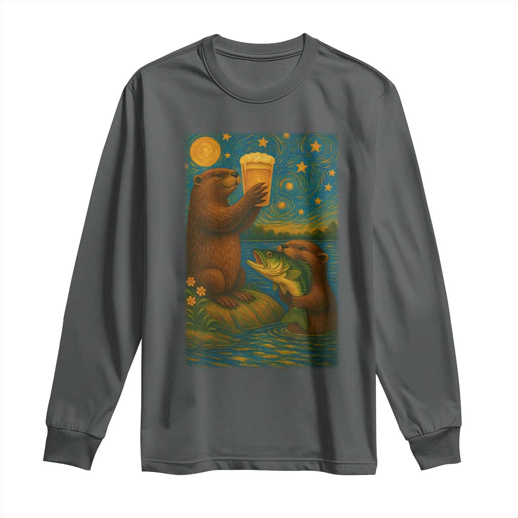 Funny Otter Drinking Beer Long Sleeve Shirt Van Gogh Starry Night TS14 Dark Heather Print Your Wear
