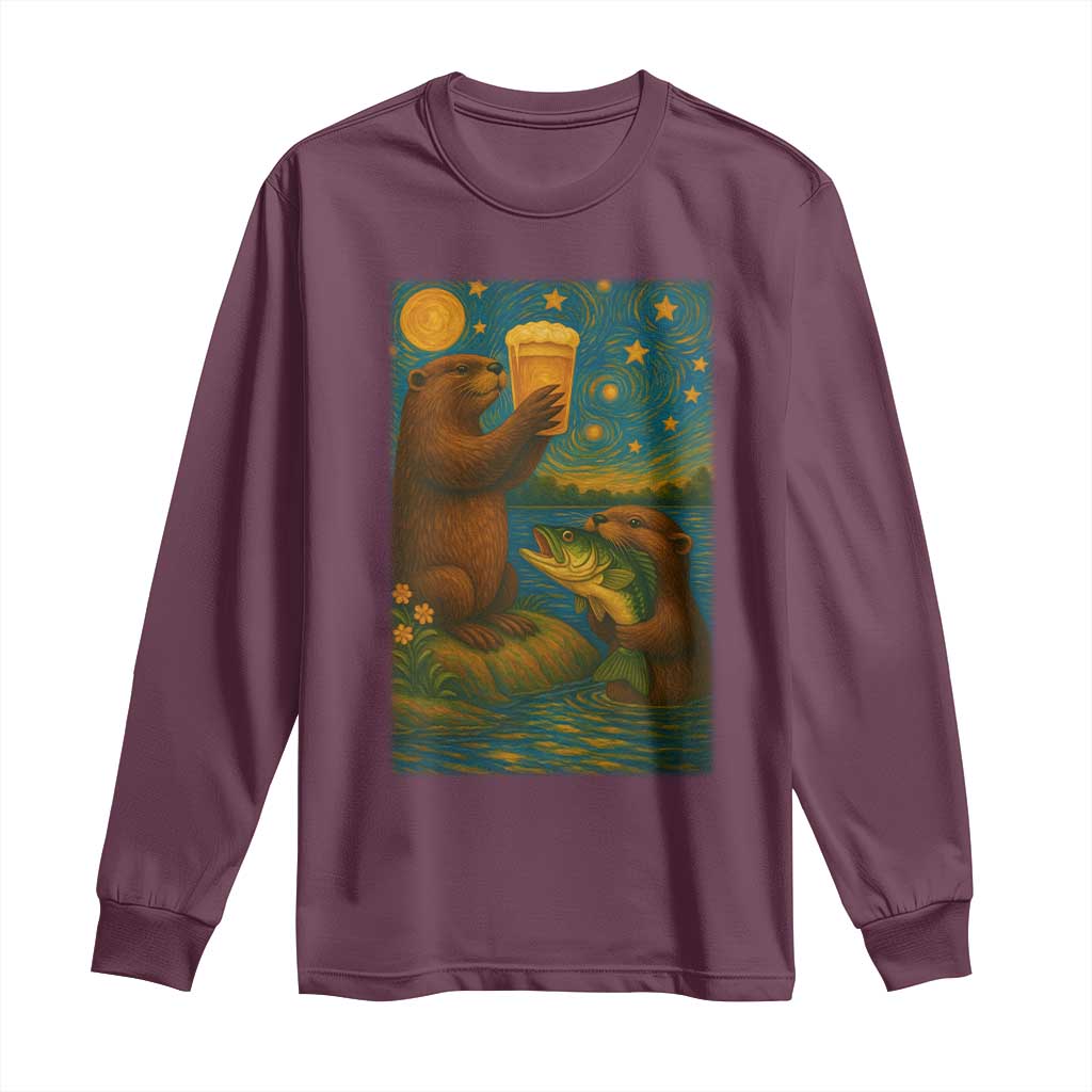 Funny Otter Drinking Beer Long Sleeve Shirt Van Gogh Starry Night TS14 Maroon Print Your Wear