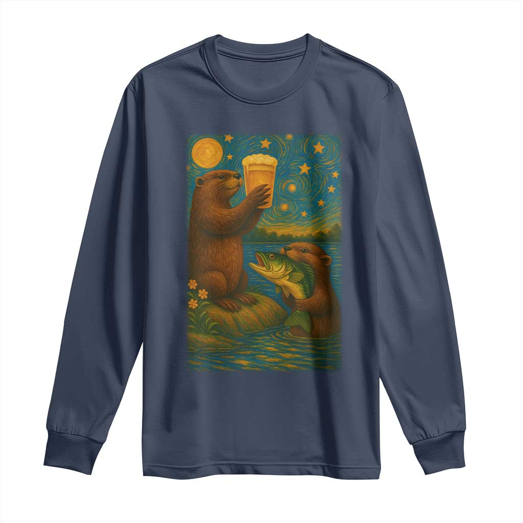 Funny Otter Drinking Beer Long Sleeve Shirt Van Gogh Starry Night TS14 Navy Print Your Wear