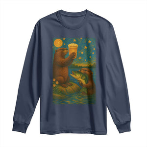 Funny Otter Drinking Beer Long Sleeve Shirt Van Gogh Starry Night TS14 Navy Print Your Wear