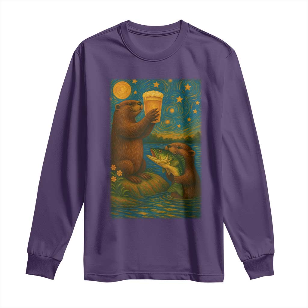 Funny Otter Drinking Beer Long Sleeve Shirt Van Gogh Starry Night TS14 Purple Print Your Wear