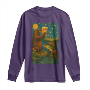 Funny Otter Drinking Beer Long Sleeve Shirt Van Gogh Starry Night TS14 Purple Print Your Wear
