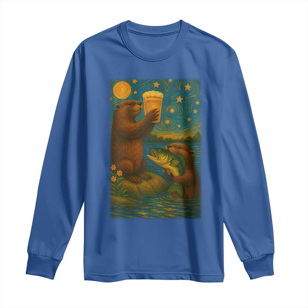 Funny Otter Drinking Beer Long Sleeve Shirt Van Gogh Starry Night TS14 Royal Blue Print Your Wear