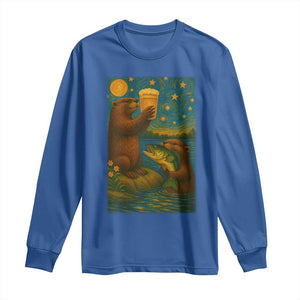 Funny Otter Drinking Beer Long Sleeve Shirt Van Gogh Starry Night TS14 Royal Blue Print Your Wear