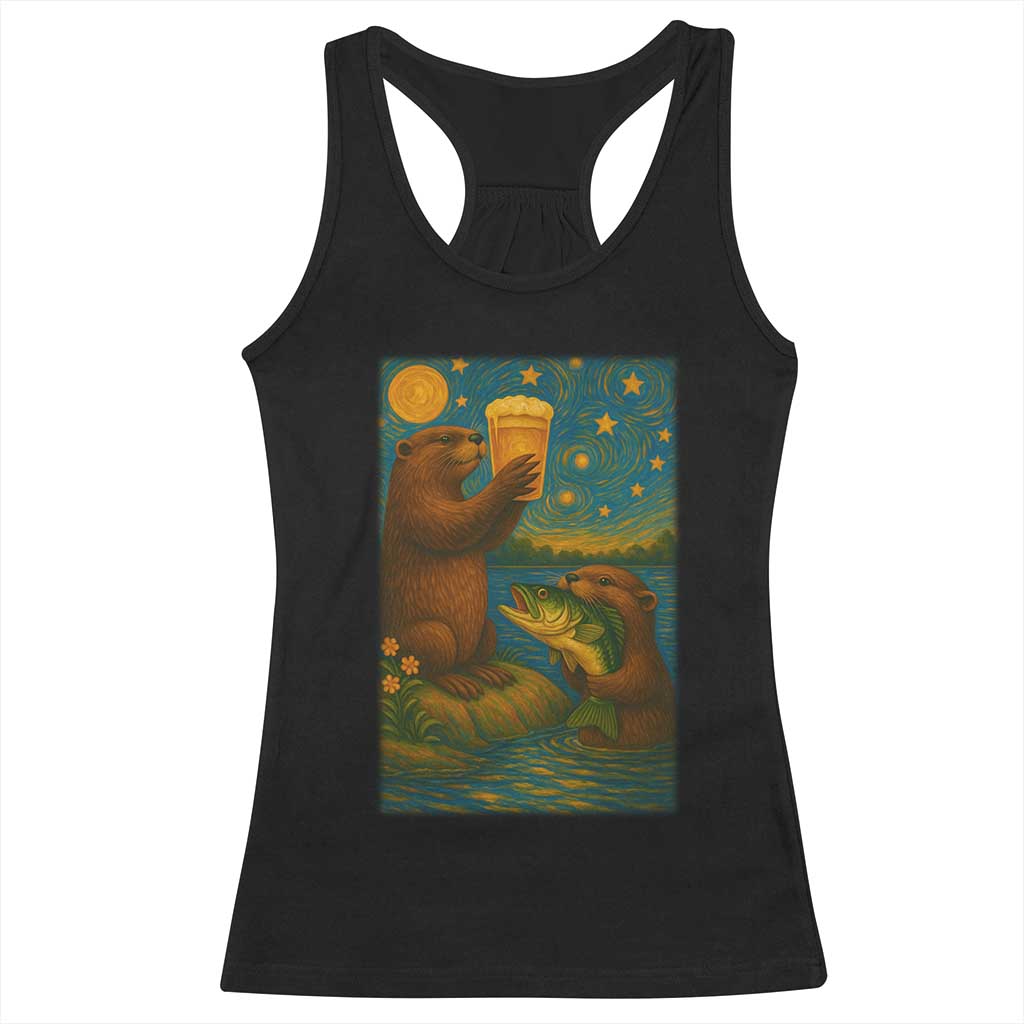 Funny Otter Drinking Beer Racerback Tank Top Van Gogh Starry Night TS14 Black Print Your Wear
