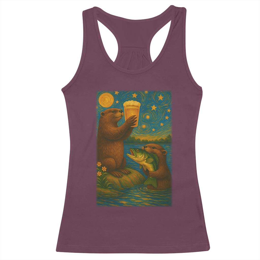 Funny Otter Drinking Beer Racerback Tank Top Van Gogh Starry Night TS14 Maroon Print Your Wear